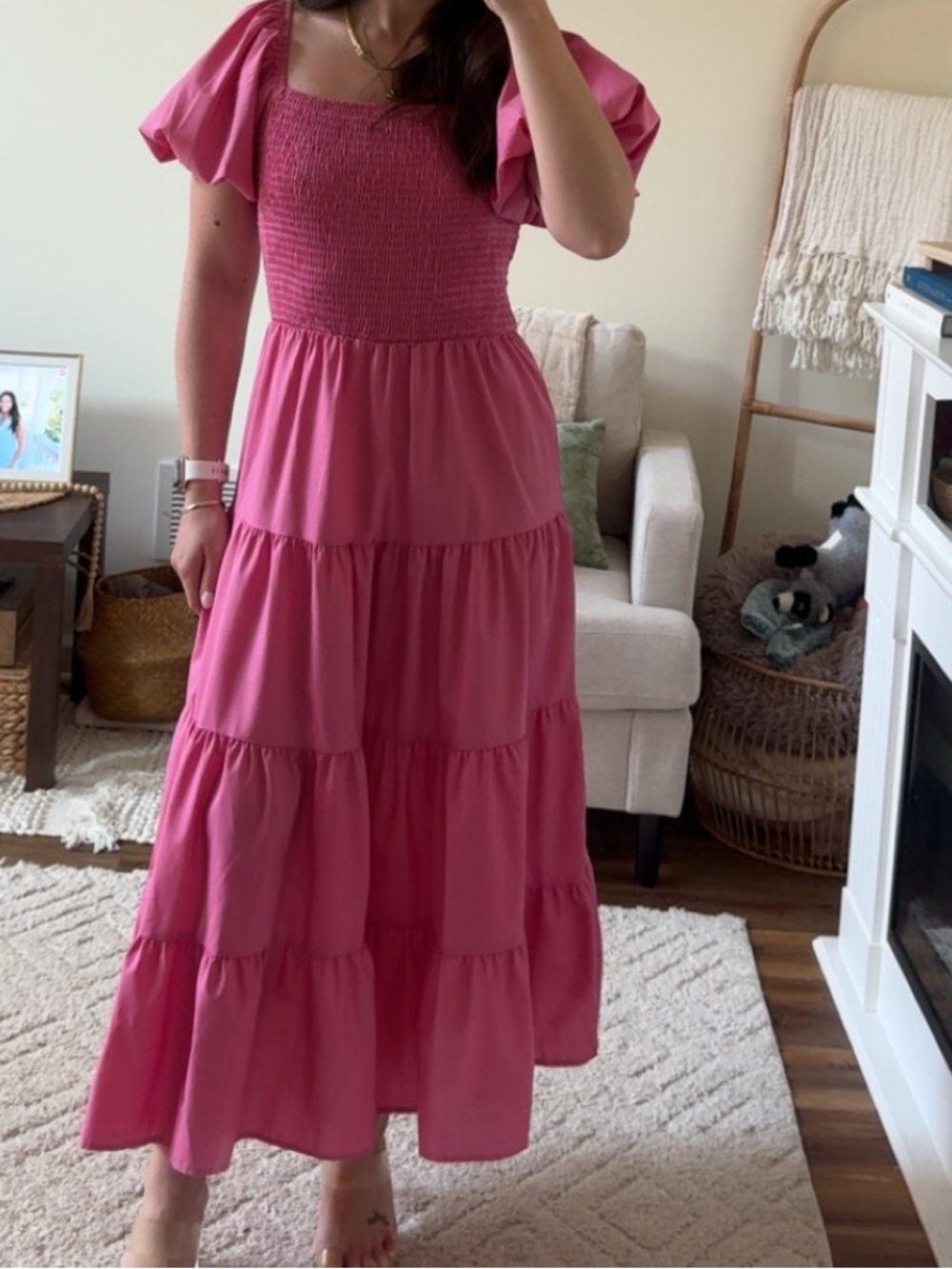 Women’s Pink Tiered Smocked Maxi Dress